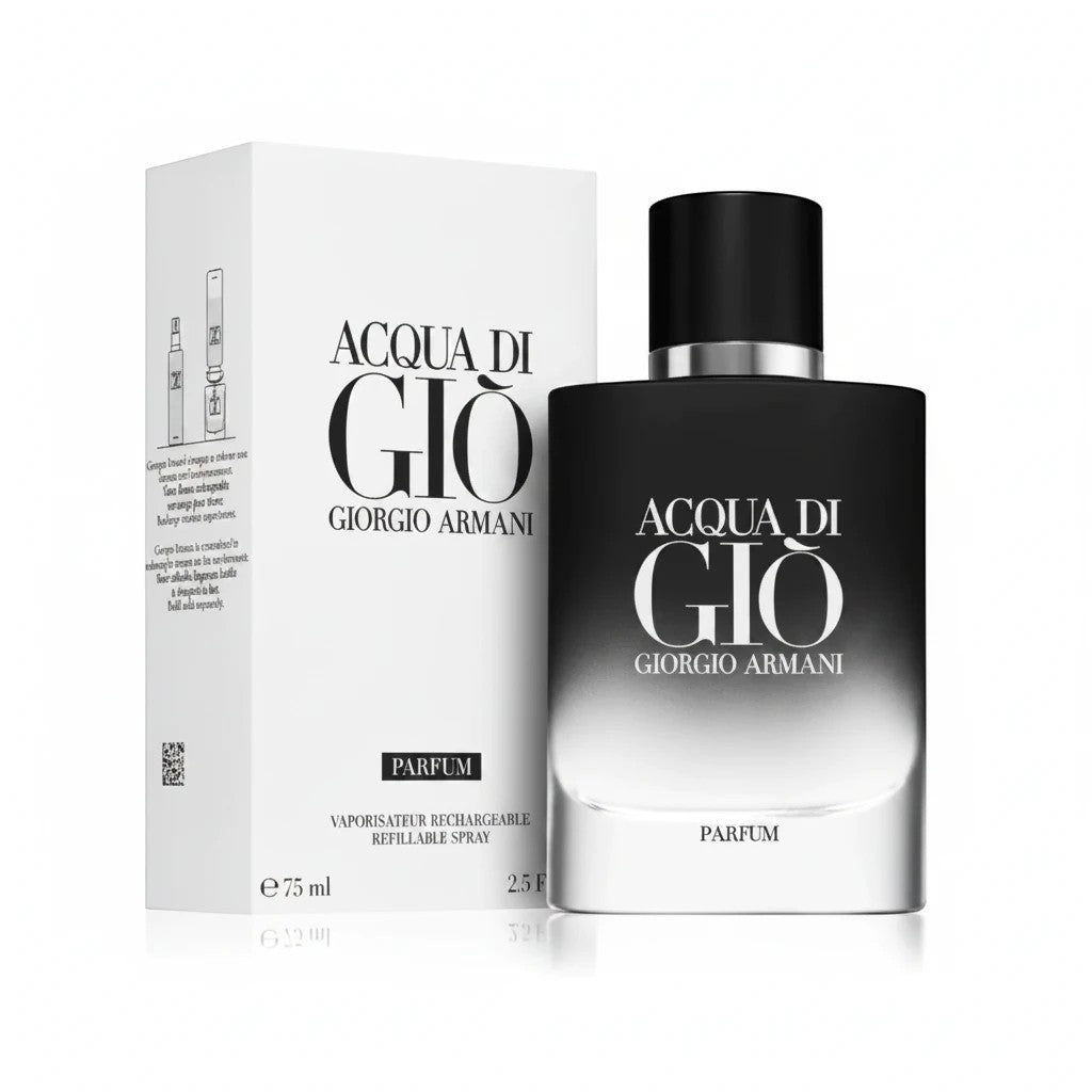 AuraGlow Acqua Di Gio Giorgio Armani Parfum refillable fragrance spray in a sleek black and white gradient bottle.