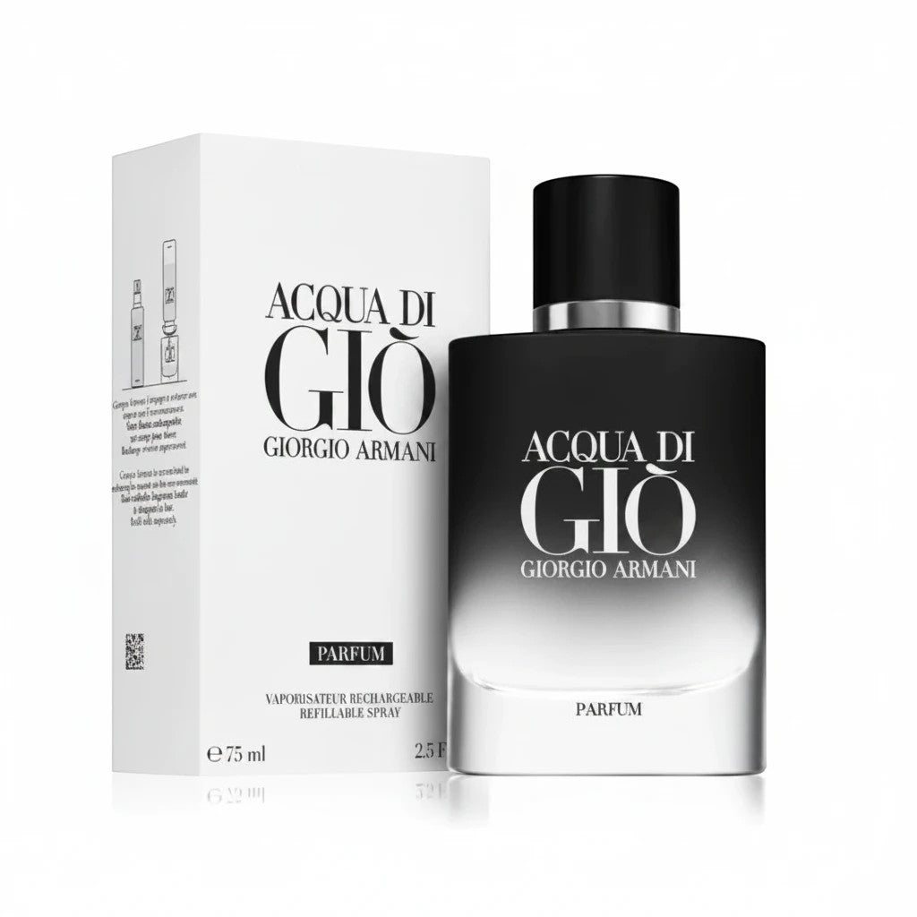 AuraGlow Acqua Di Gio Giorgio Armani Parfum fragrance bottle and white packaging box on a clean white background.