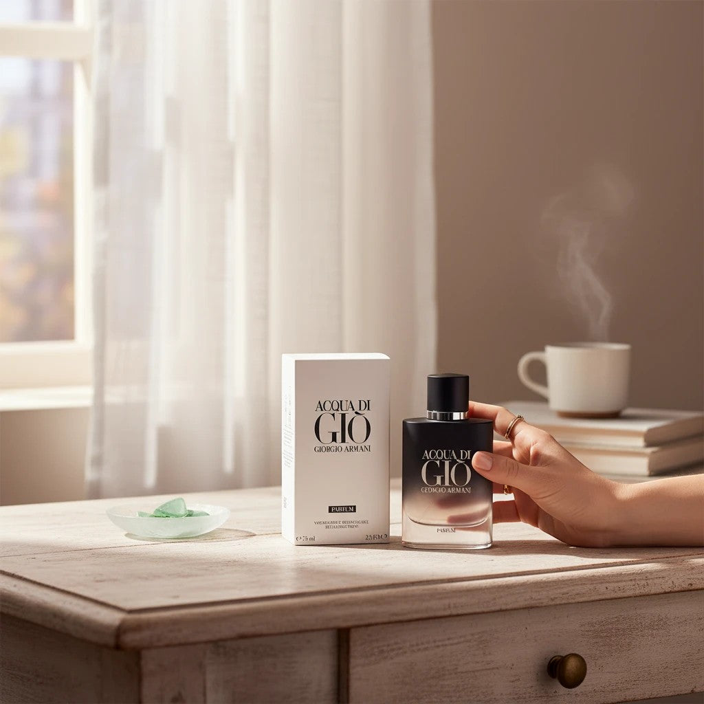 AuraGlow Acqua Di Gio Giorgio Armani Parfum bottle and box on a wooden table with a hand reaching for the fragrance.