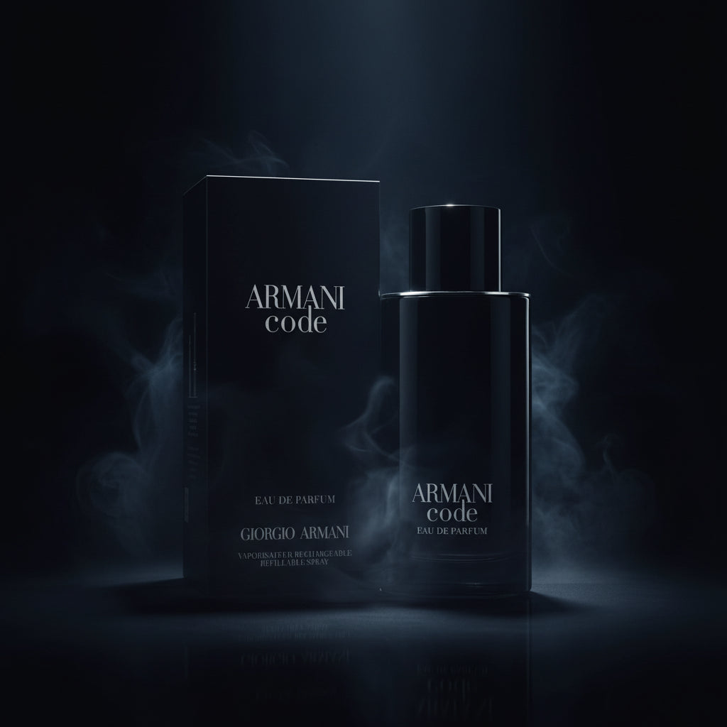 AuraGlow Armani Code Eau De Parfum 4.2oz spray bottle and black box packaging for men
