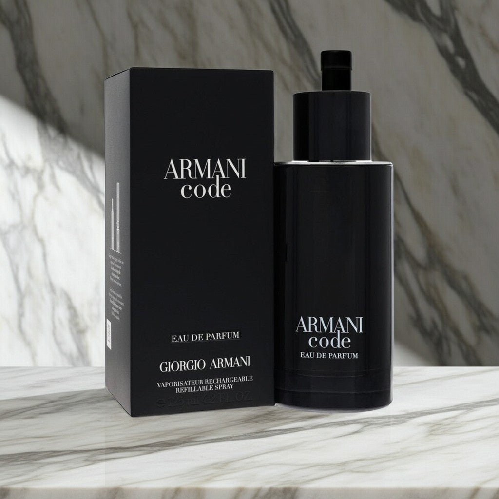 AuraGlow Armani Code Eau de Parfum 4.2oz bottle and black box on a marble surface