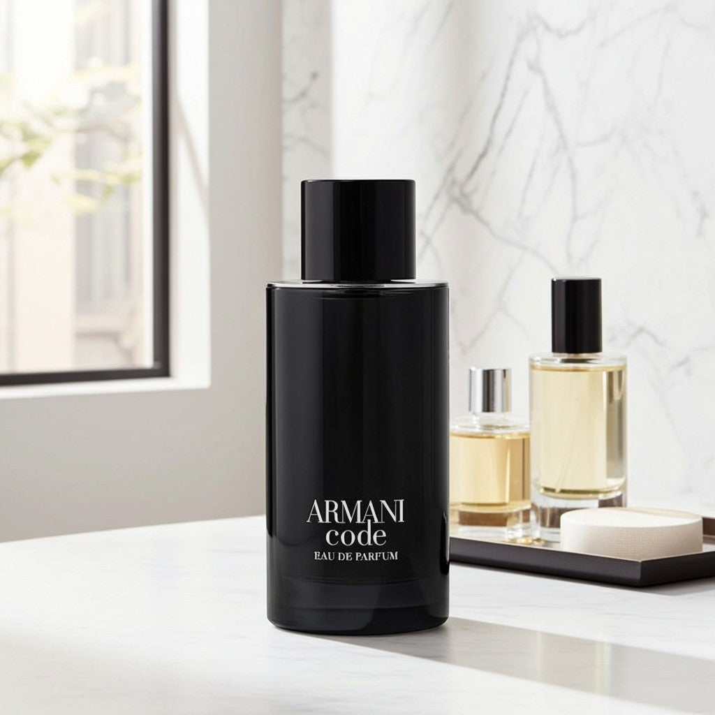 AuraGlow Armani Code Eau De Parfum 4.2oz bottle in sleek black glass on a marble surface with blurred fragrance bottles