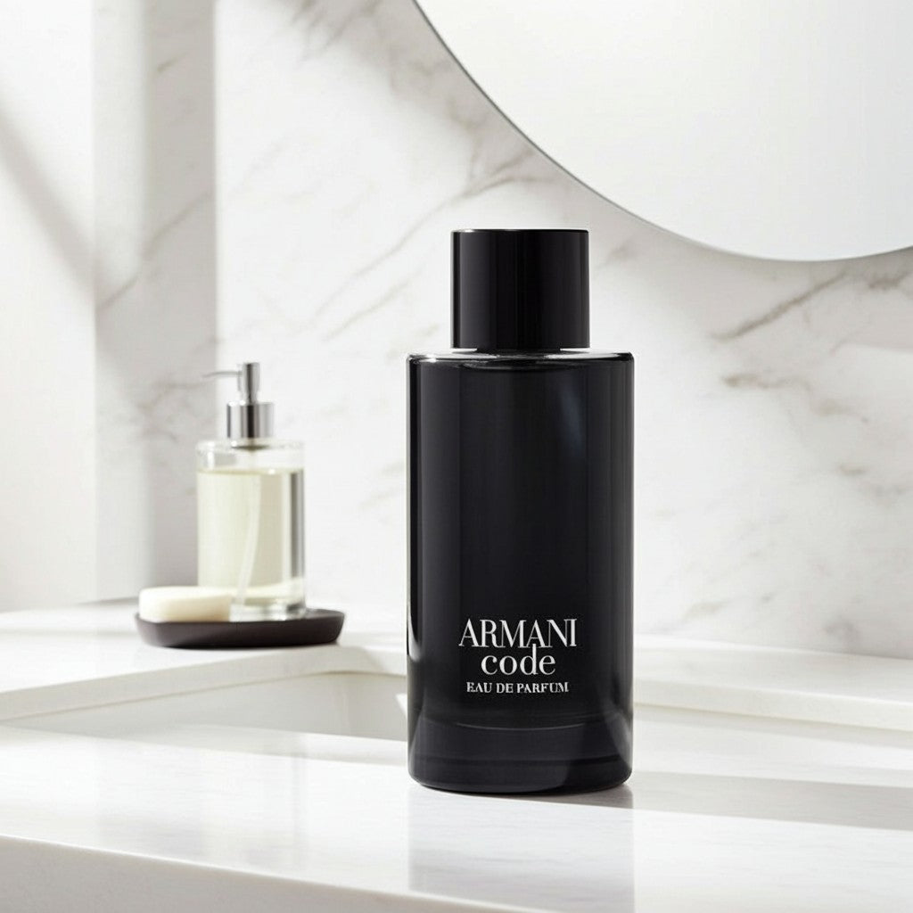 AuraGlow Armani Code Eau De Parfum for men in a sleek black glass bottle on a white marble bathroom vanity.
