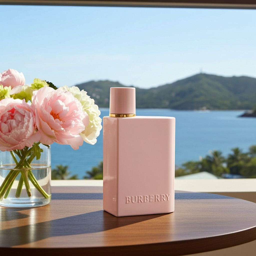 AuraGlow Burberry Her Elixir Eau de Parfum Intense bottle next to a vase of pink peonies overlooking a coastal view.