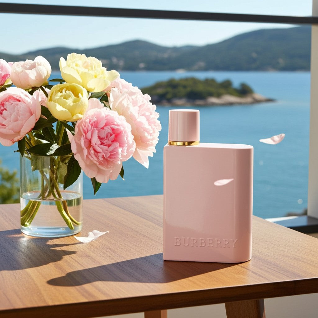 AuraGlow Burberry Her Elixir Eau de Parfum Intense bottle next to a bouquet of peonies on a wooden table by the sea.