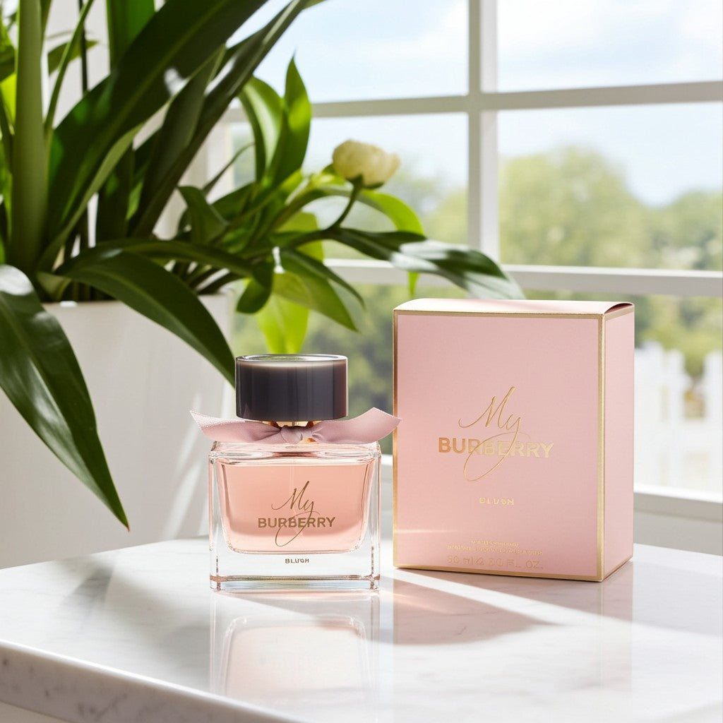 AuraGlow Burberry My Burberry Blush eau de parfum bottle and pink box on a marble table with a plant in the background