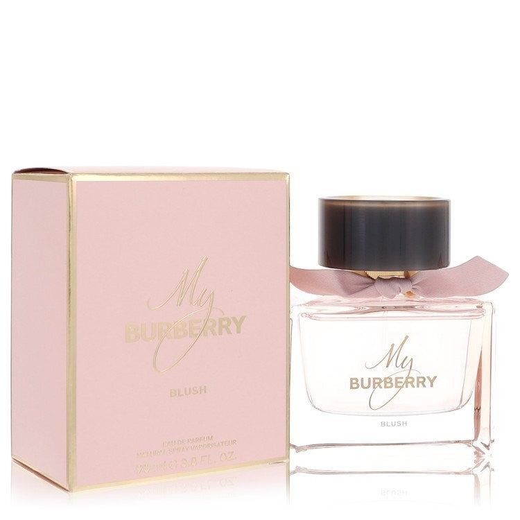 AuraGlow Burberry My Burberry Blush eau de parfum bottle and pink box with a decorative ribbon bow