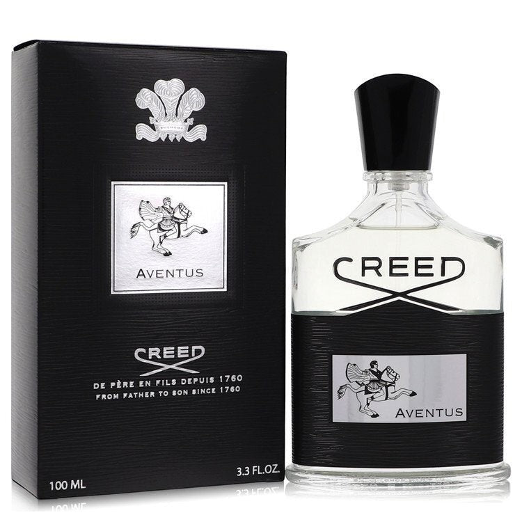 AuraGlow Creed Aventus 3.3oz Eau de Parfum bottle and black presentation box with iconic horseman logo