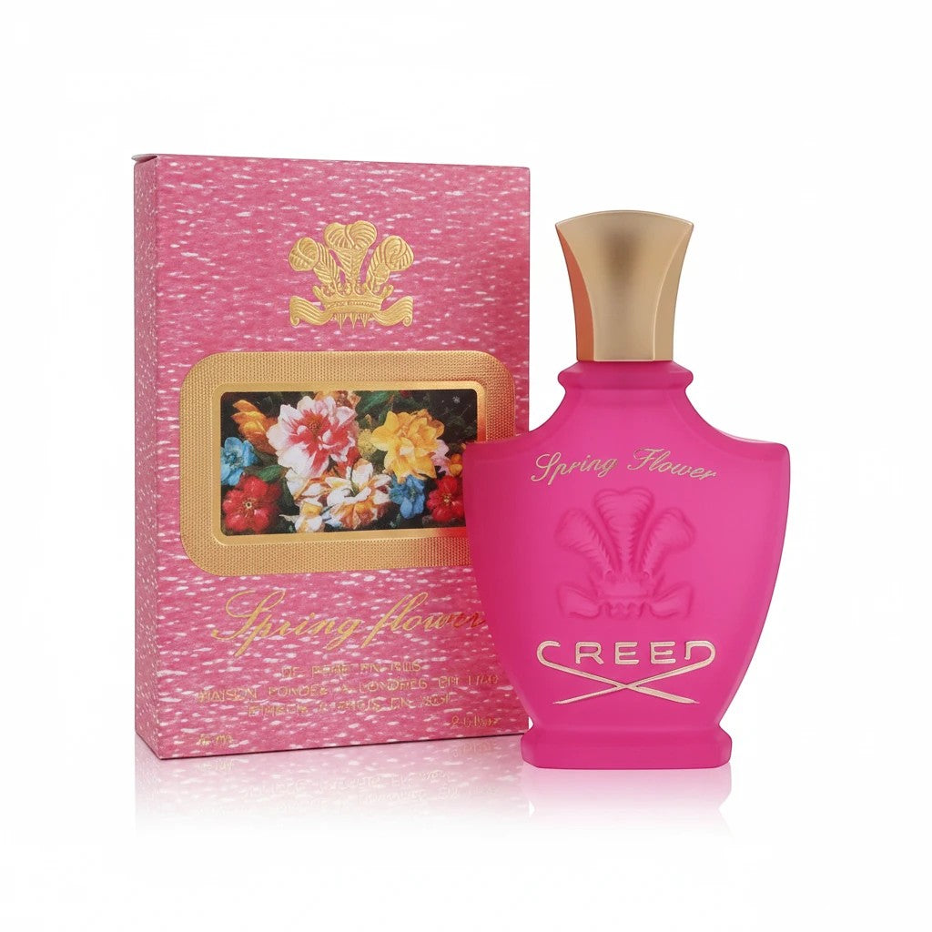 AuraGlow Creed Spring Flower Eau de Parfum in a vibrant pink bottle next to its matching floral patterned box.