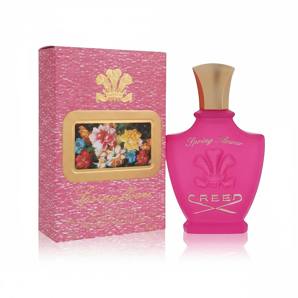 AuraGlow Creed Spring Flower Eau de Parfum in a vibrant pink bottle next to its matching floral patterned box.