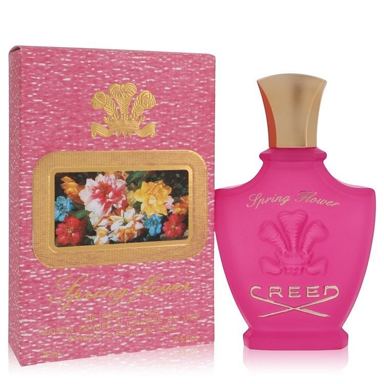 AuraGlow Creed Spring Flower eau de parfum for women in a bright pink bottle with gold cap and matching floral box.