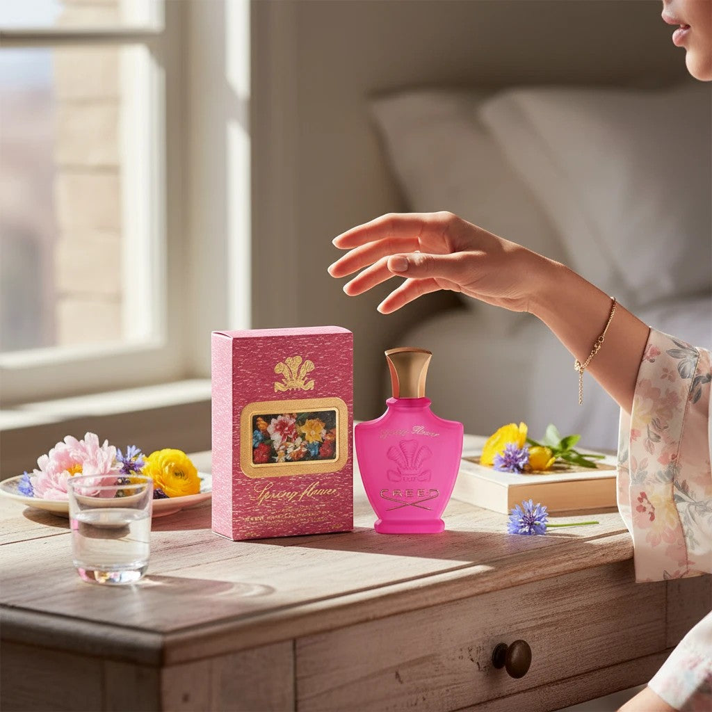 AuraGlow Creed Spring Flower perfume bottle and box on a wooden table with fresh flowers in a sunlit room