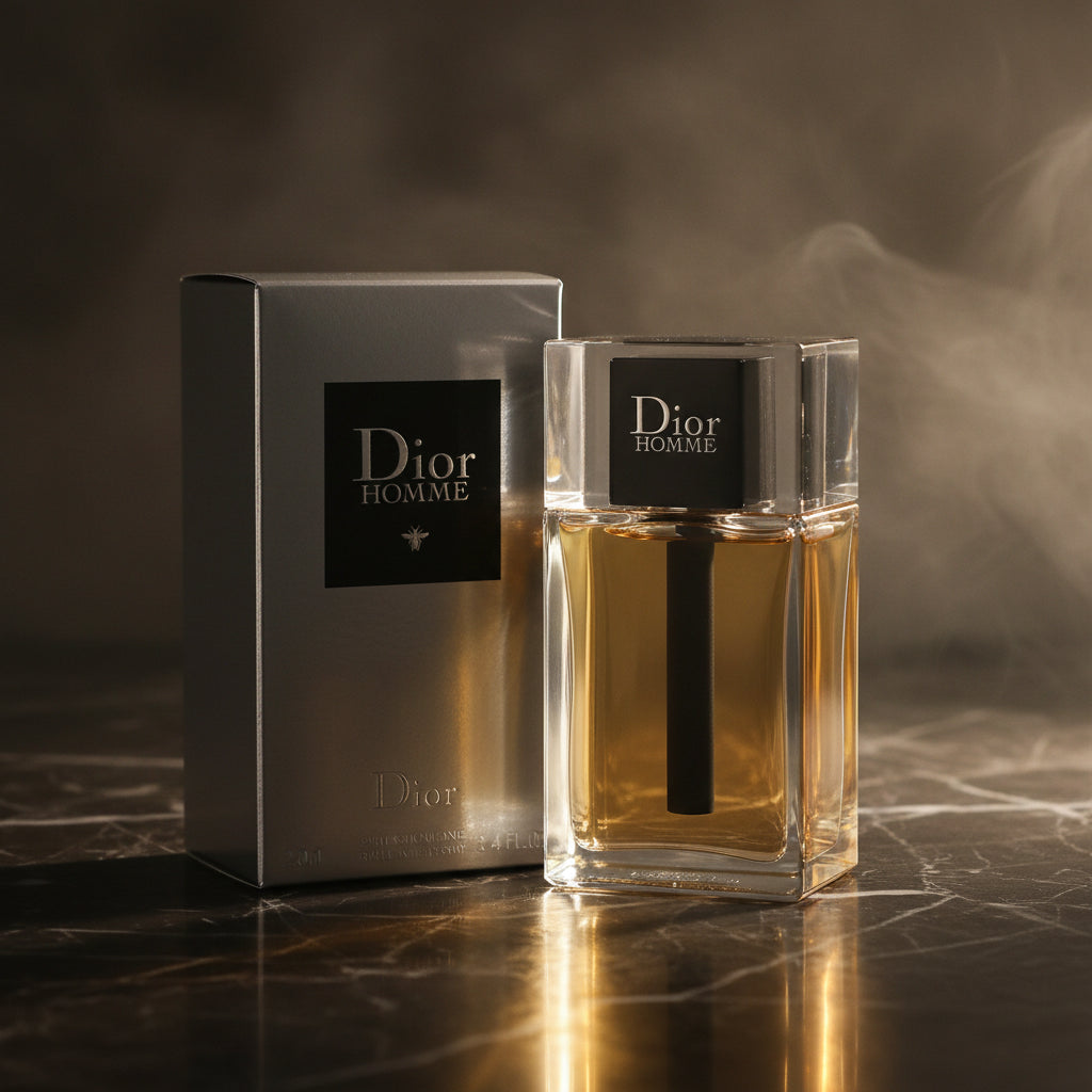 AuraGlow Dior Homme Eau De Toilette 3.4oz bottle and silver box featuring iris and leather notes for men