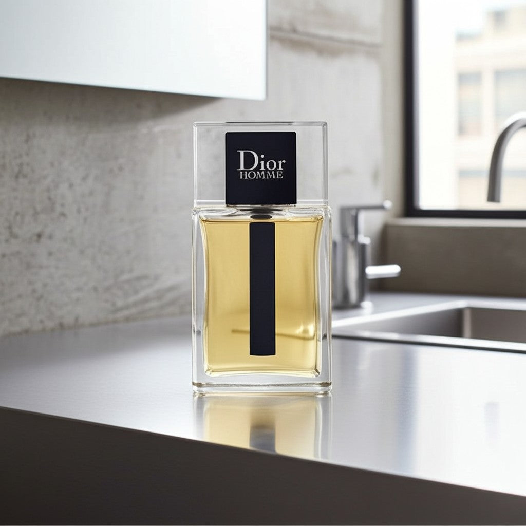 AuraGlow Dior Homme Eau de Toilette 3.4oz bottle featuring a clear glass design with amber fragrance on a counter.