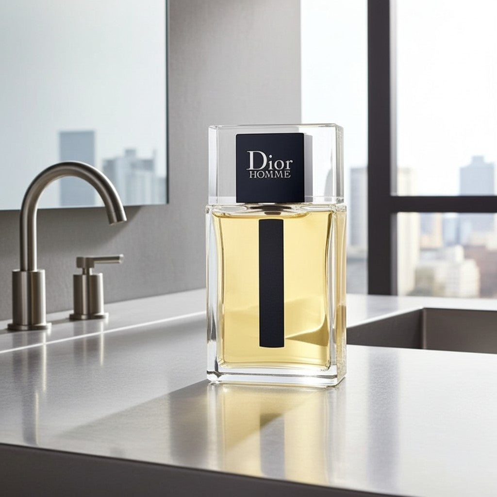 AuraGlow Dior Homme Eau De Toilette 3.4oz bottle featuring a clear glass design on a modern bathroom countertop.