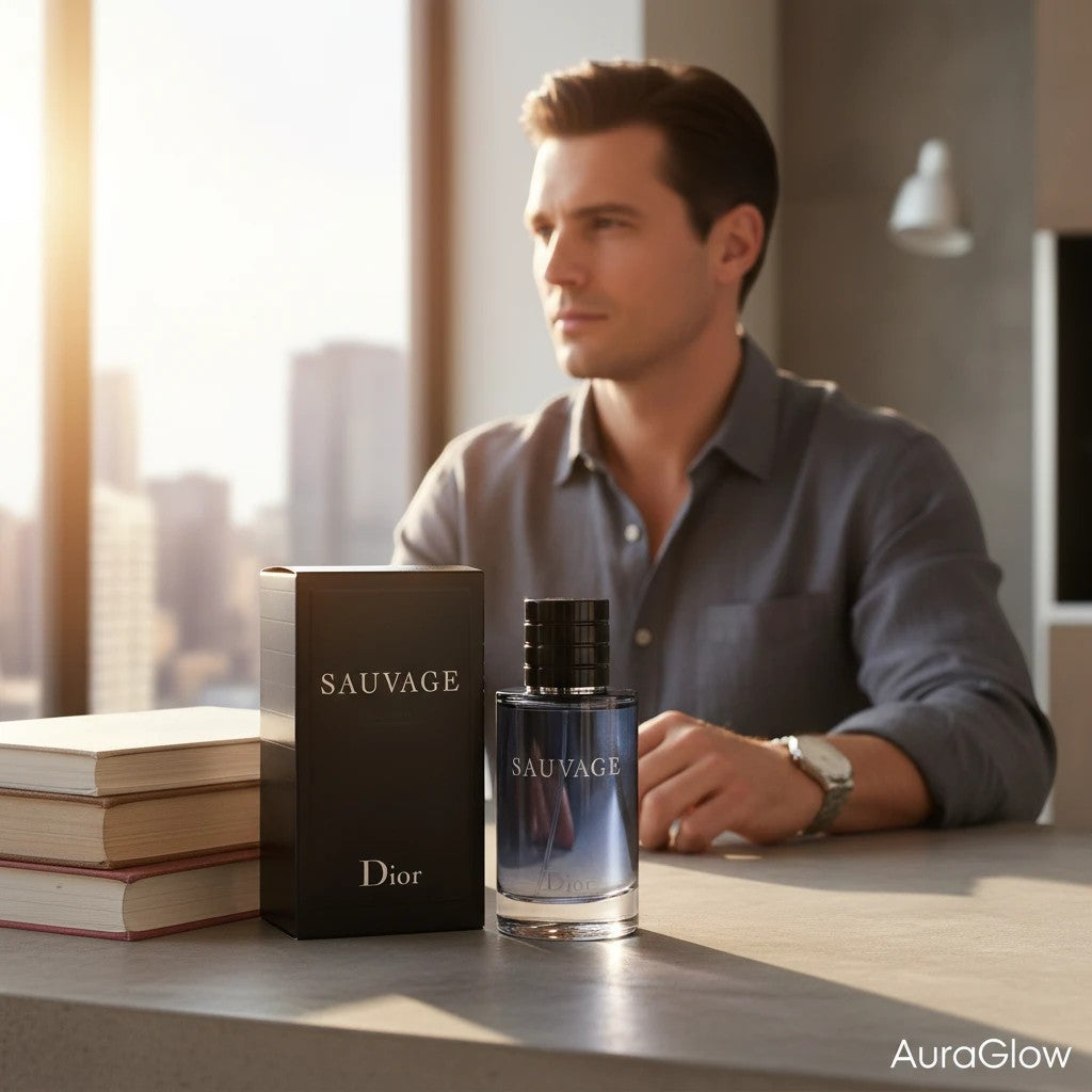AuraGlow Dior Sauvage Eau de Toilette bottle and box on a table with a man looking out a window in the background.