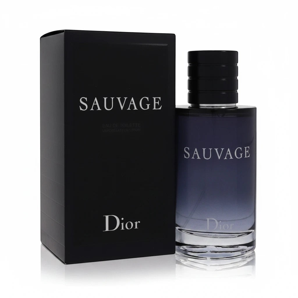 AuraGlow Dior Sauvage Eau de Toilette fragrance bottle and black box packaging with a sleek gradient glass design.
