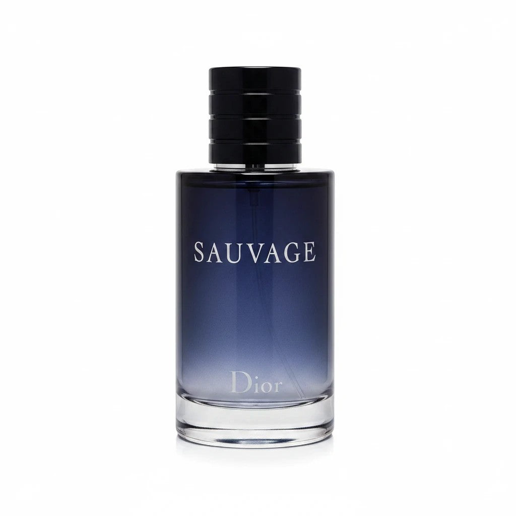 AuraGlow Dior Sauvage Eau de Toilette in a sleek gradient blue glass bottle with a black cap on a white background.