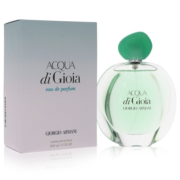 AuraGlow Giorgio Armani Acqua di Gioia eau de parfum spray with a rounded glass bottle and green cap next to its box.