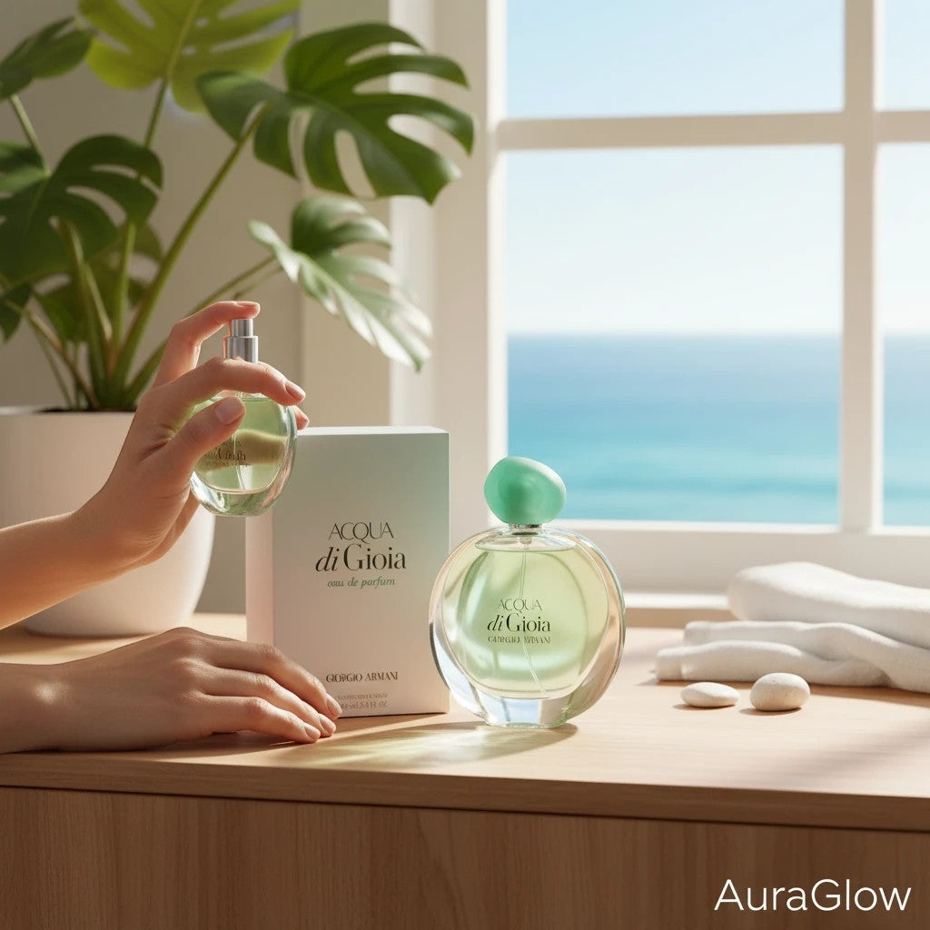AuraGlow Giorgio Armani Acqua di Gioia perfume bottle and box on a wooden table with a hand spraying the fragrance.
