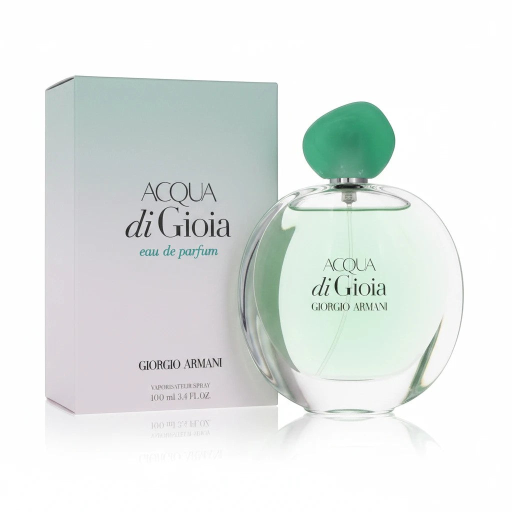 AuraGlow Giorgio Armani Acqua di Gioia perfume bottle and box with light green liquid and rounded glass design.