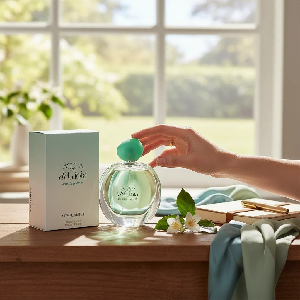 AuraGlow Giorgio Armani Acqua di Gioia perfume bottle and box on a wooden table with jasmine flowers and fabric.