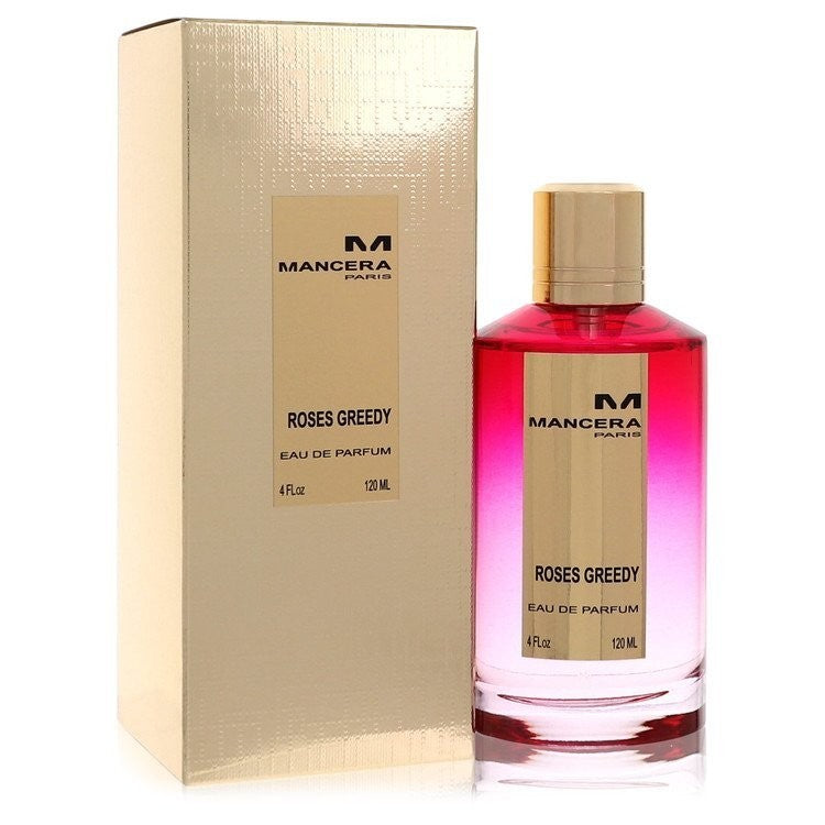 AuraGlow Mancera Roses Greedy unisex eau de parfum 4oz bottle with pink gradient glass next to its gold box.