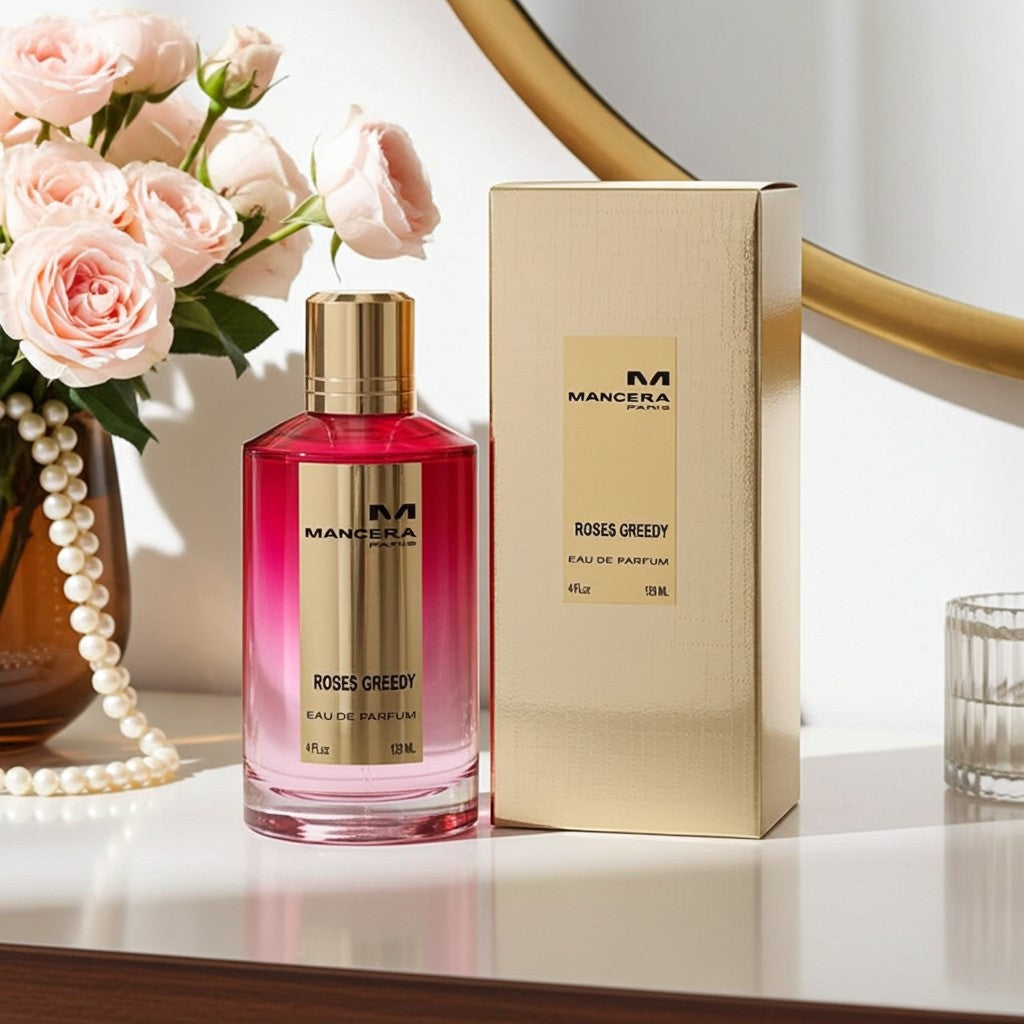 AuraGlow Mancera Roses Greedy unisex eau de parfum bottle and gold box next to a bouquet of pink roses.