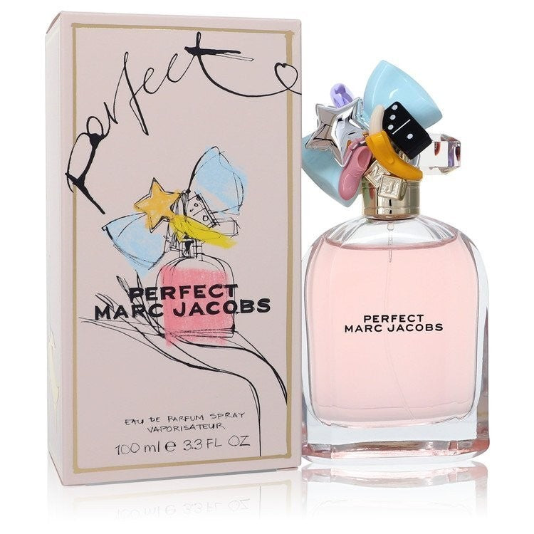 AuraGlow Marc Jacobs Perfect Eau De Parfum 3.3oz bottle with whimsical charm cap next to its illustrated gift box.