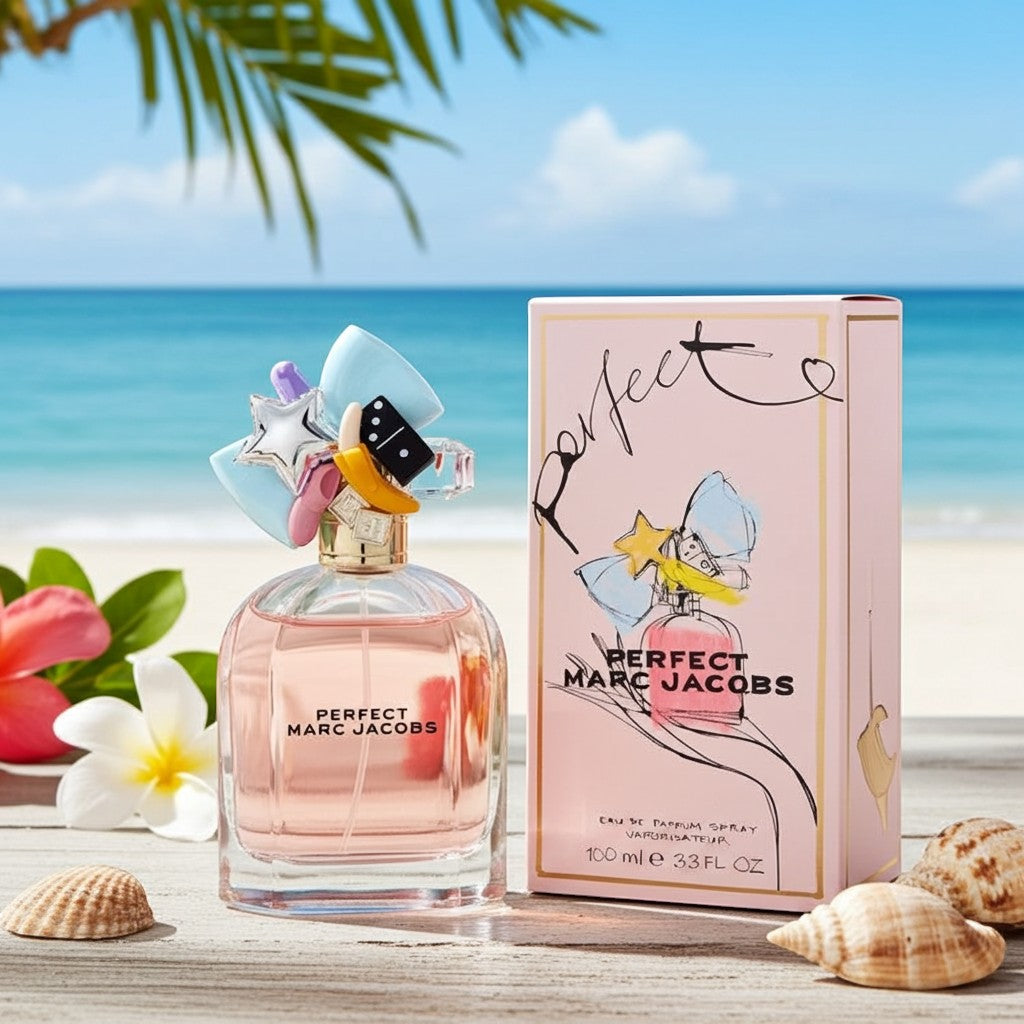 AuraGlow Marc Jacobs Perfect Eau De Parfum 3.3oz bottle and pink box on a beach table with seashells and palm leaves.