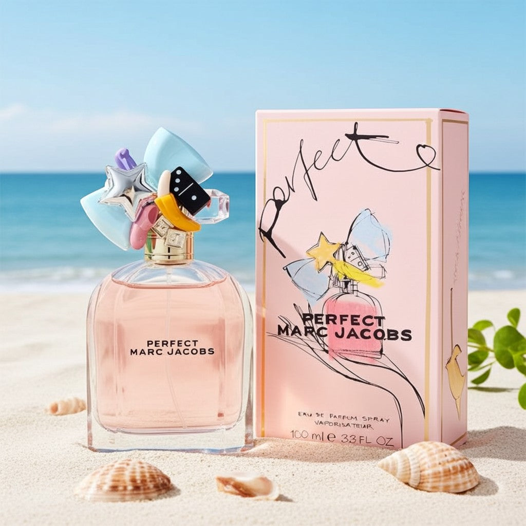 AuraGlow Marc Jacobs Perfect Eau De Parfum 3.3oz bottle and pink box on a sandy beach with ocean background.
