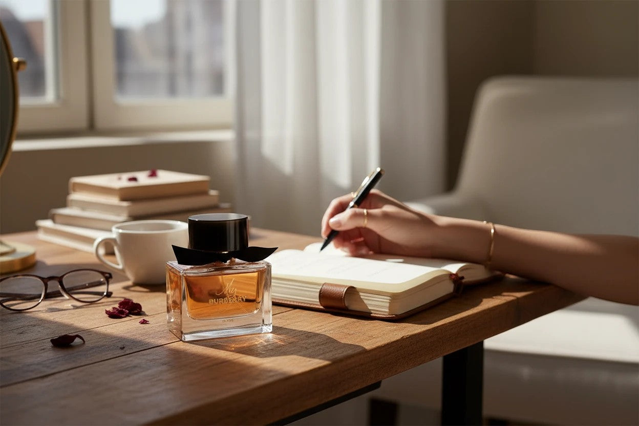 AuraGlow My Burberry Black perfume bottle on a wooden desk next to a woman writing in a journal by a window.