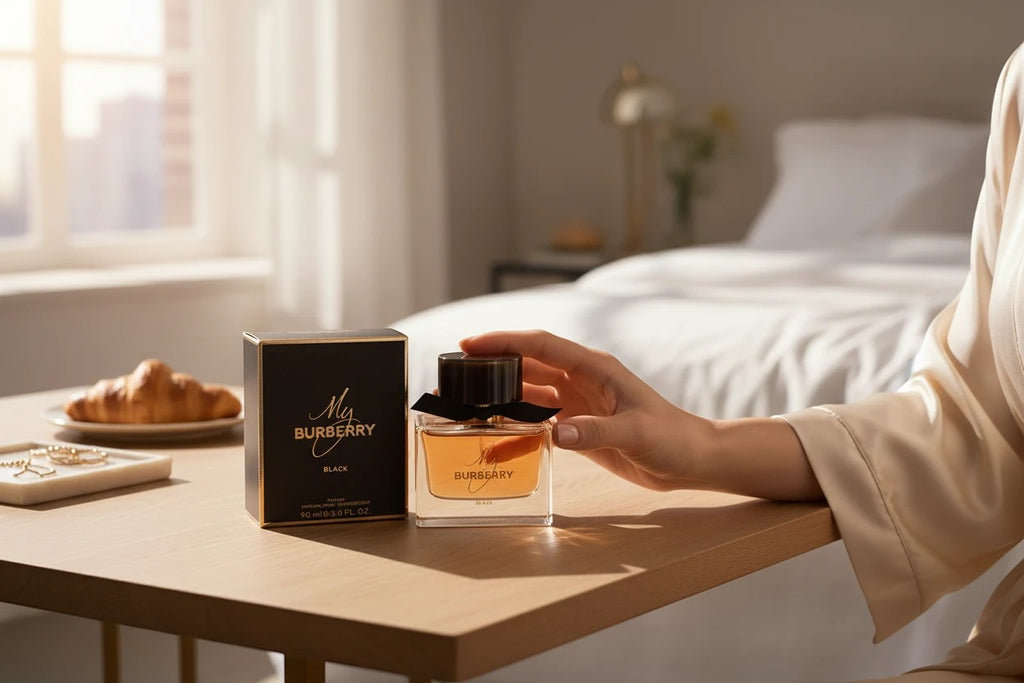 AuraGlow My Burberry Black perfume bottle and box on a wooden table with a woman's hand reaching for it in a bedroom.