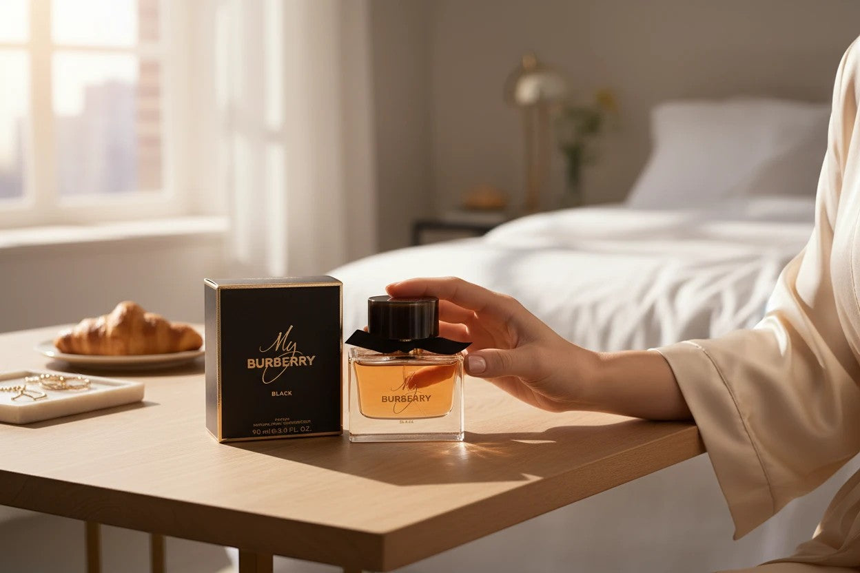AuraGlow My Burberry Black perfume bottle and box on a wooden table with a woman's hand reaching for it in a bedroom.