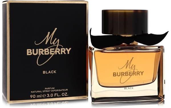 AuraGlow My Burberry Black women's eau de parfum spray bottle and black box packaging with gold lettering.
