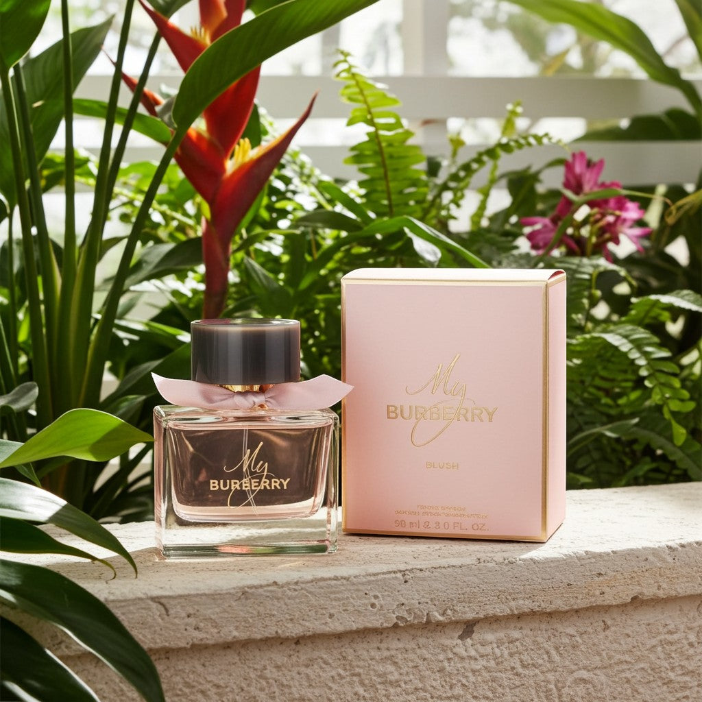 AuraGlow My Burberry Blush Eau De Parfum bottle and pink box set against a lush tropical garden background