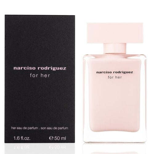 AuraGlow Narciso Rodriguez For Her eau de parfum 50ml bottle next to its black rectangular presentation box.