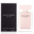 AuraGlow Narciso Rodriguez For Her eau de parfum 50ml bottle next to its black rectangular presentation box.