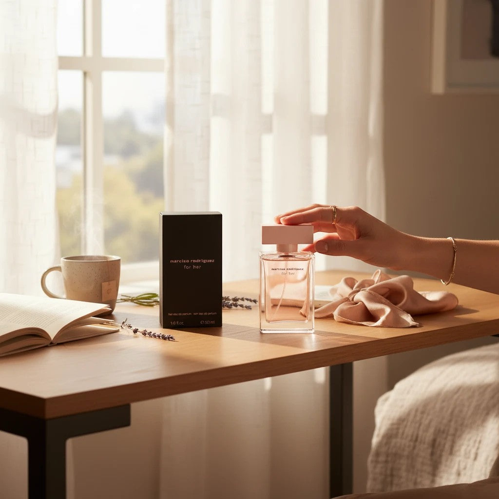 AuraGlow Narciso Rodriguez for Her Eau de Parfum bottle and box on a wooden desk with a book and tea in a sunlit room.