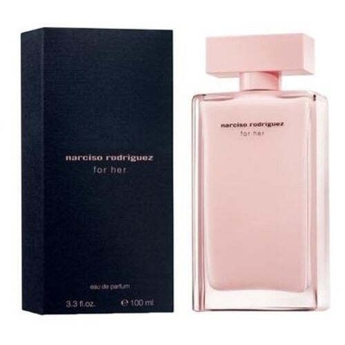AuraGlow Narciso Rodriguez for Her eau de parfum 100ml bottle with its black rectangular presentation box.