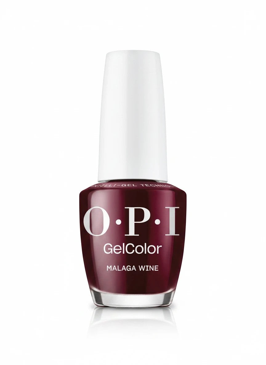 AuraGlow OPI GelColor nail polish in Malaga Wine, a deep wine-red crème shade in a 15mL bottle.