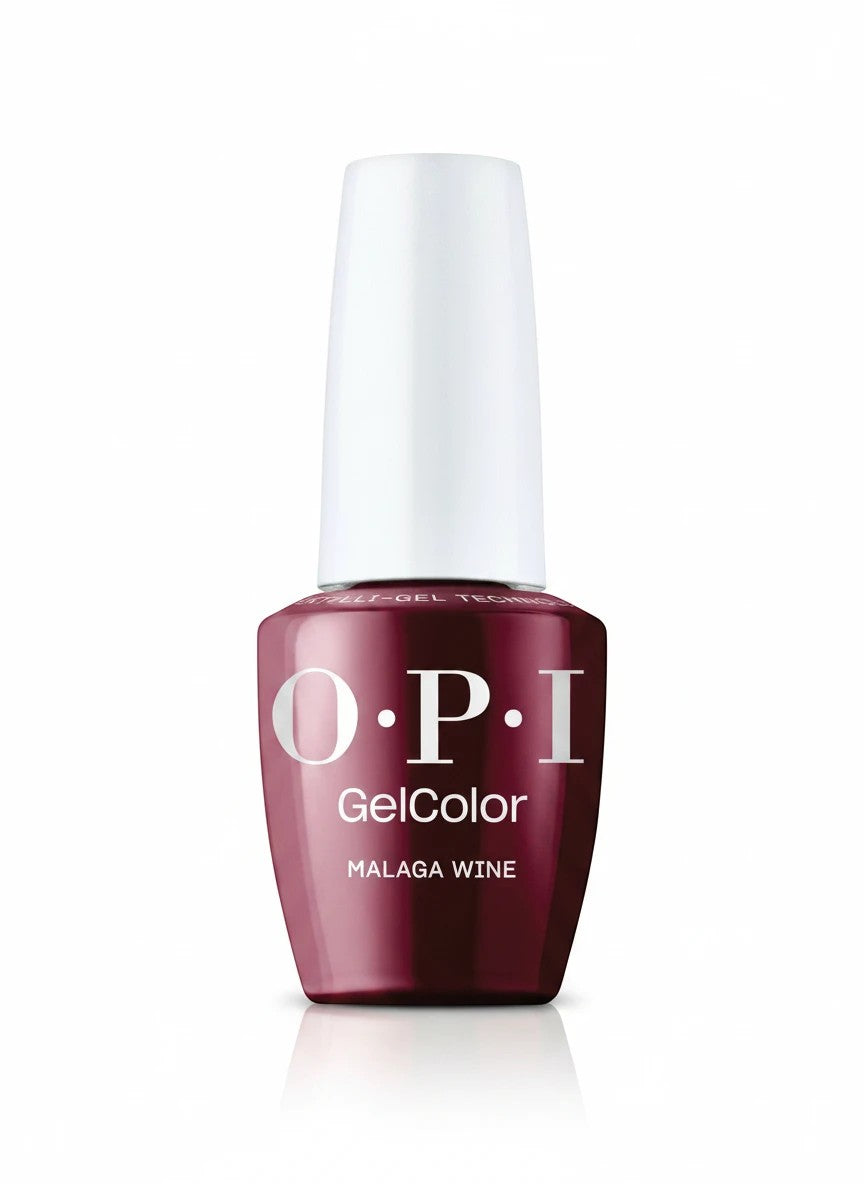 AuraGlow OPI GelColor Malaga Wine deep wine-red crème gel nail polish bottle with a white cap.
