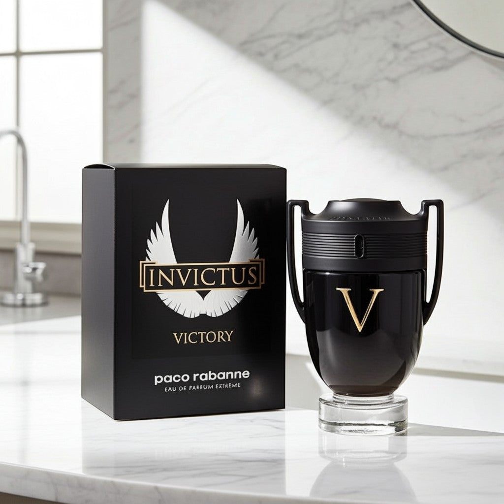 AuraGlow Paco Rabanne Invictus Victory Eau de Parfum Extreme bottle and black box on a marble countertop.