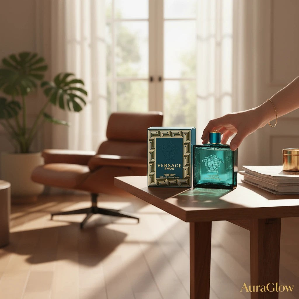 AuraGlow Versace Eros Eau De Parfum bottle and box on a wooden table in a sunlit room