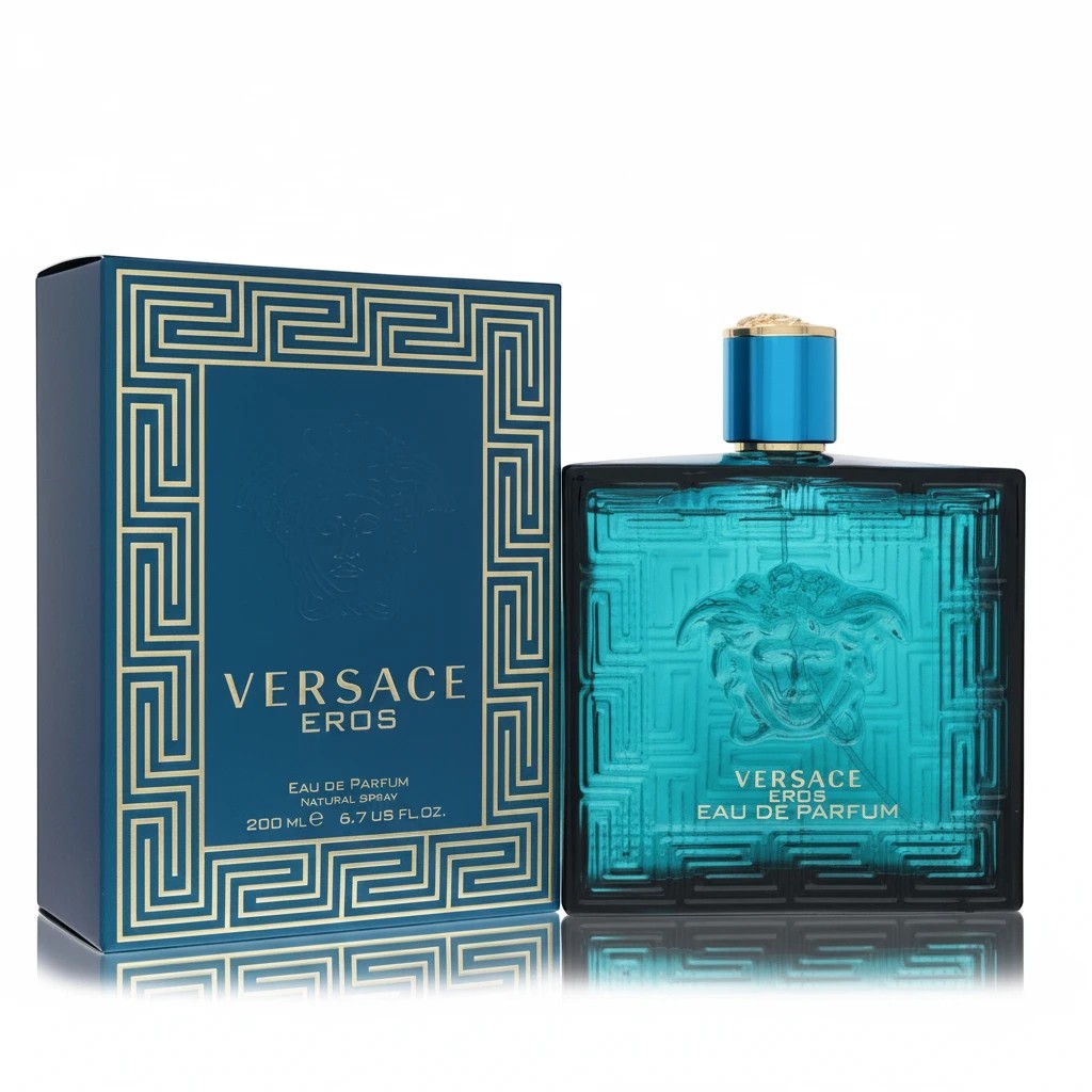 AuraGlow Versace Eros Eau De Parfum for men in a signature blue glass bottle with gold Medusa logo and matching box.