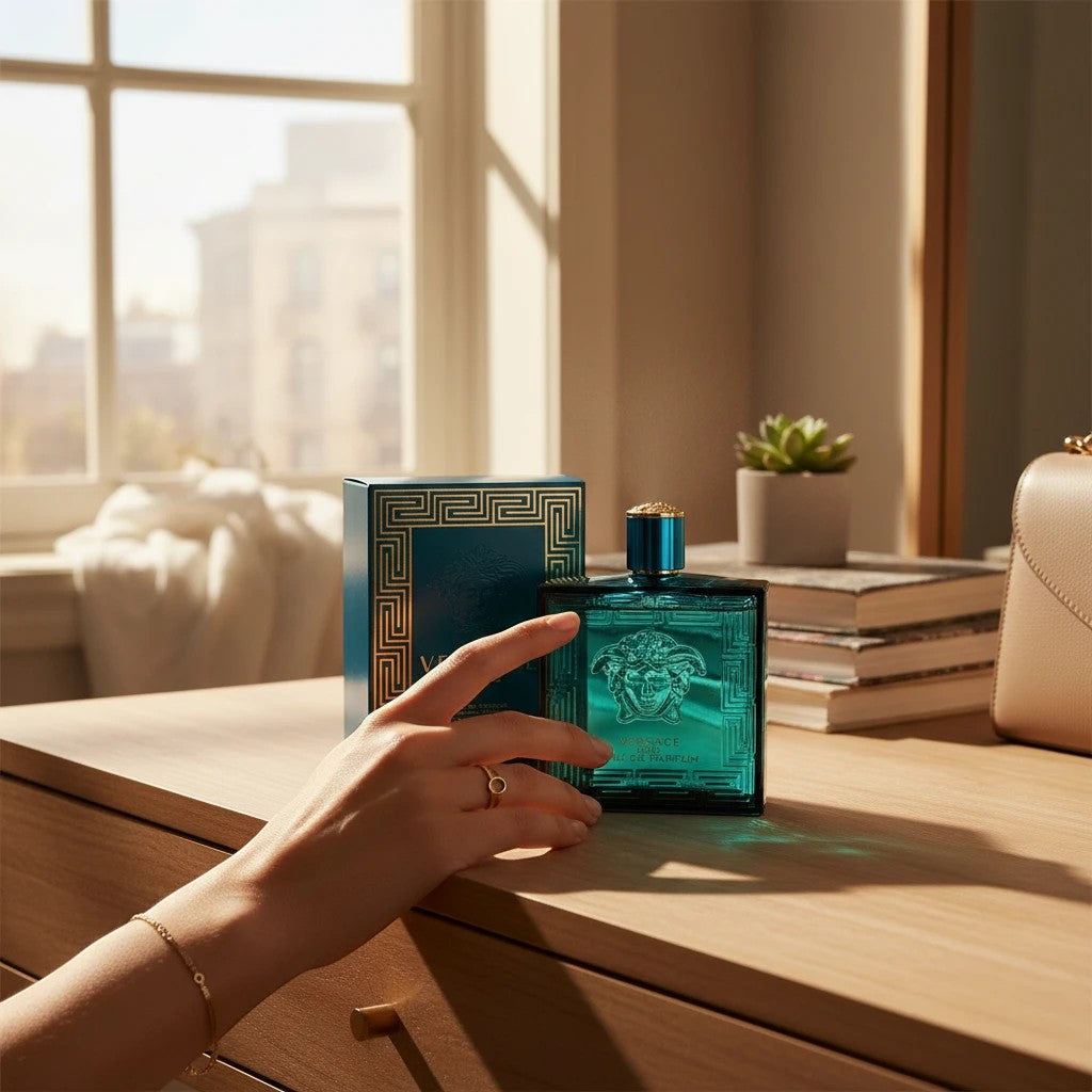 AuraGlow Versace Eros Eau De Parfum bottle in turquoise glass with Medusa emblem on a wooden vanity table.