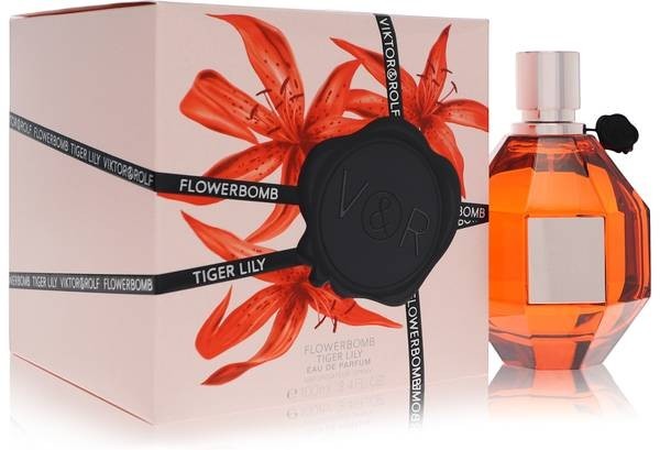 AuraGlow Viktor & Rolf Flowerbomb Tiger Lily perfume bottle and box with orange tiger lily floral design