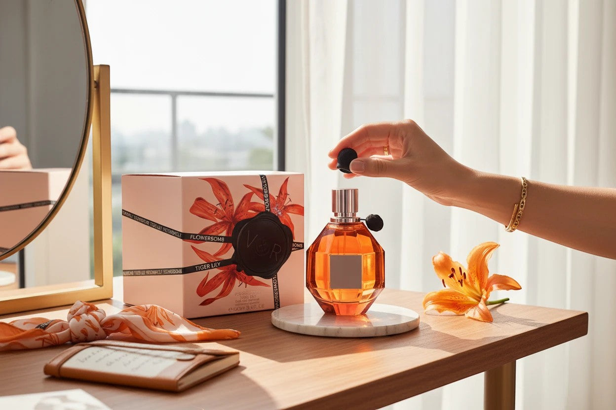 AuraGlow Viktor&Rolf Flowerbomb Tiger Lily perfume bottle and box on a wooden table with a fresh tiger lily flower.