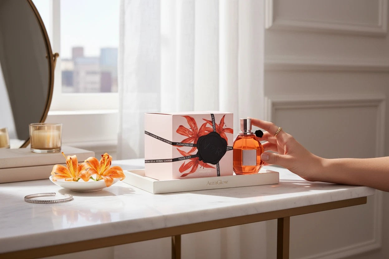AuraGlow Viktor&Rolf Flowerbomb Tiger Lily perfume bottle and box on a marble table with fresh tiger lily flowers.