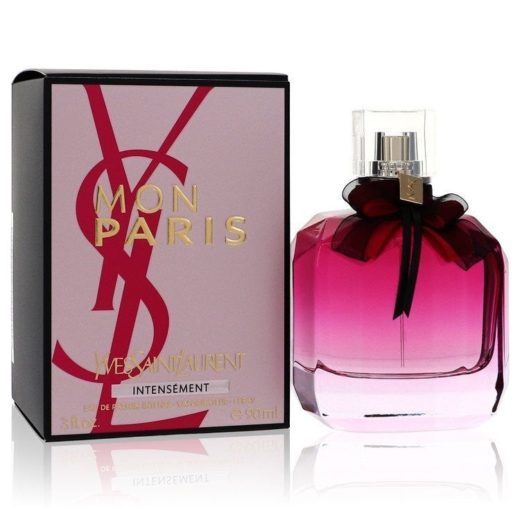 AuraGlow YSL Mon Paris Intensement Eau de Parfum for women in a pink glass bottle with a black bow and product box.